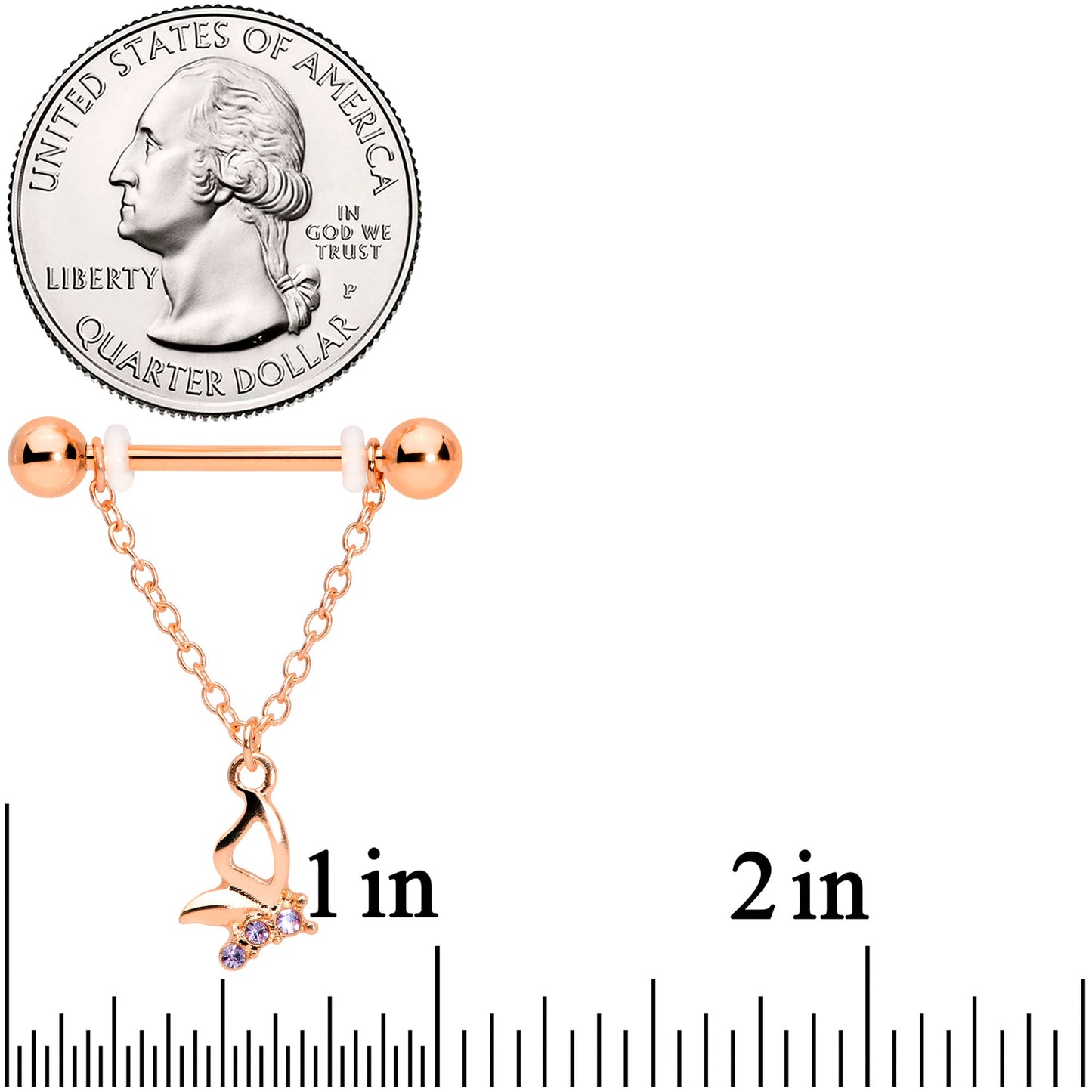 14G 5/8 Purple Gem Rose Gold Hue Butterfly Dangle Nipple Ring Set