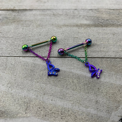 14G 5/8 Clear Gem Rainbow Butterfly Dangle Nipple Ring Set
