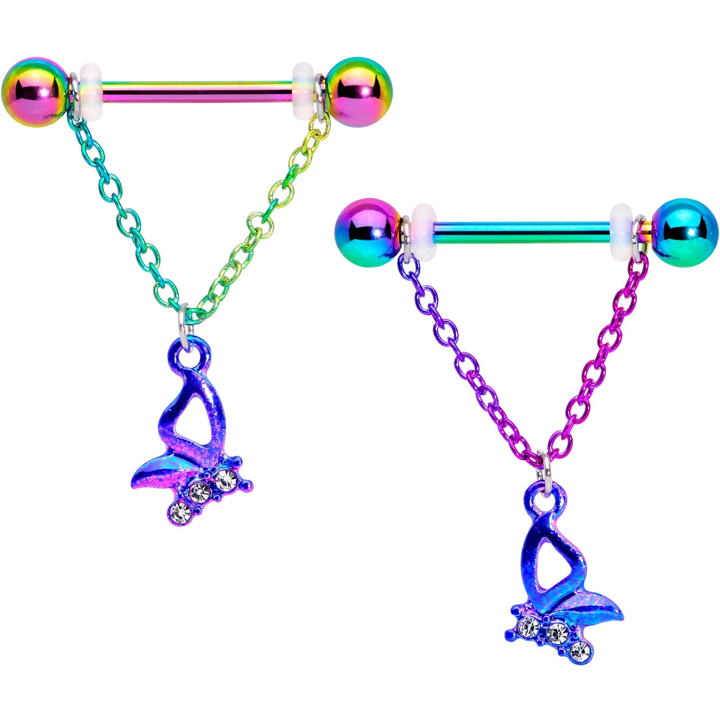 14G 5/8 Clear Gem Rainbow Butterfly Dangle Nipple Ring Set