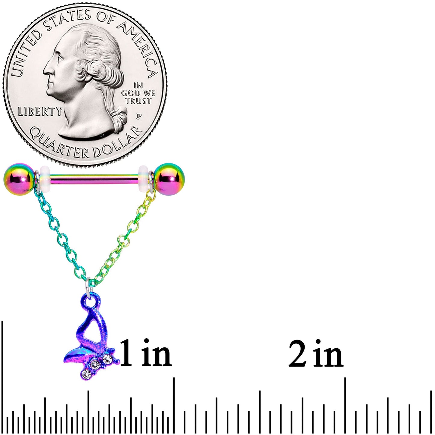 14G 5/8 Clear Gem Rainbow Butterfly Dangle Nipple Ring Set