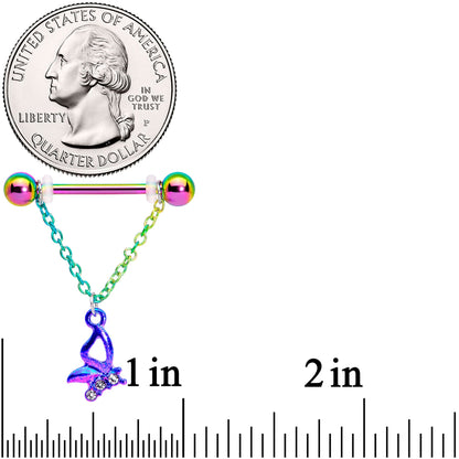 14G 5/8 Clear Gem Rainbow Butterfly Dangle Nipple Ring Set