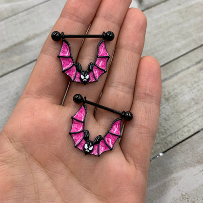 14G 3/4 Black Pinkish Bats Halloween Nipple Shield Set