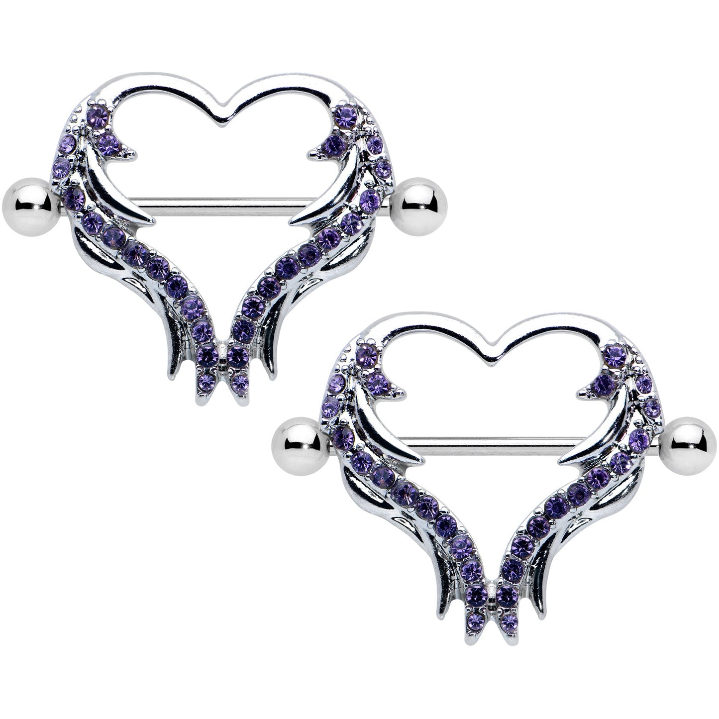 14G 3/4 Dark Purple Gem Rock and Roll Heart Nipple Shield Set