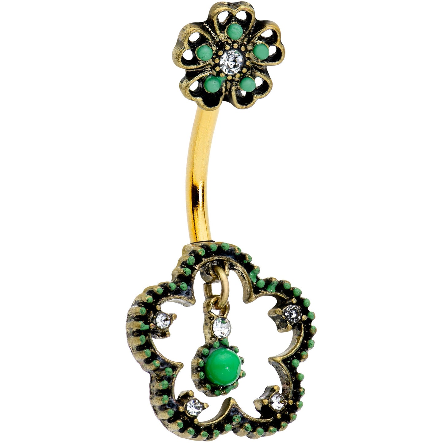 Clear Gem Gold Tone Open Green Flower St Patricks Day Belly Ring