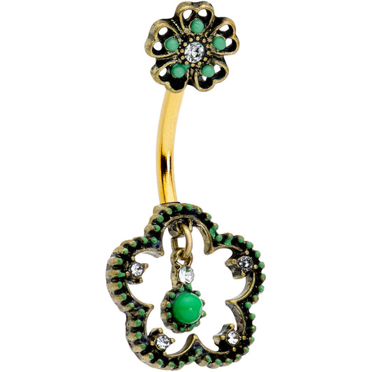 Clear Gem Gold Tone Open Green Flower St Patricks Day Belly Ring