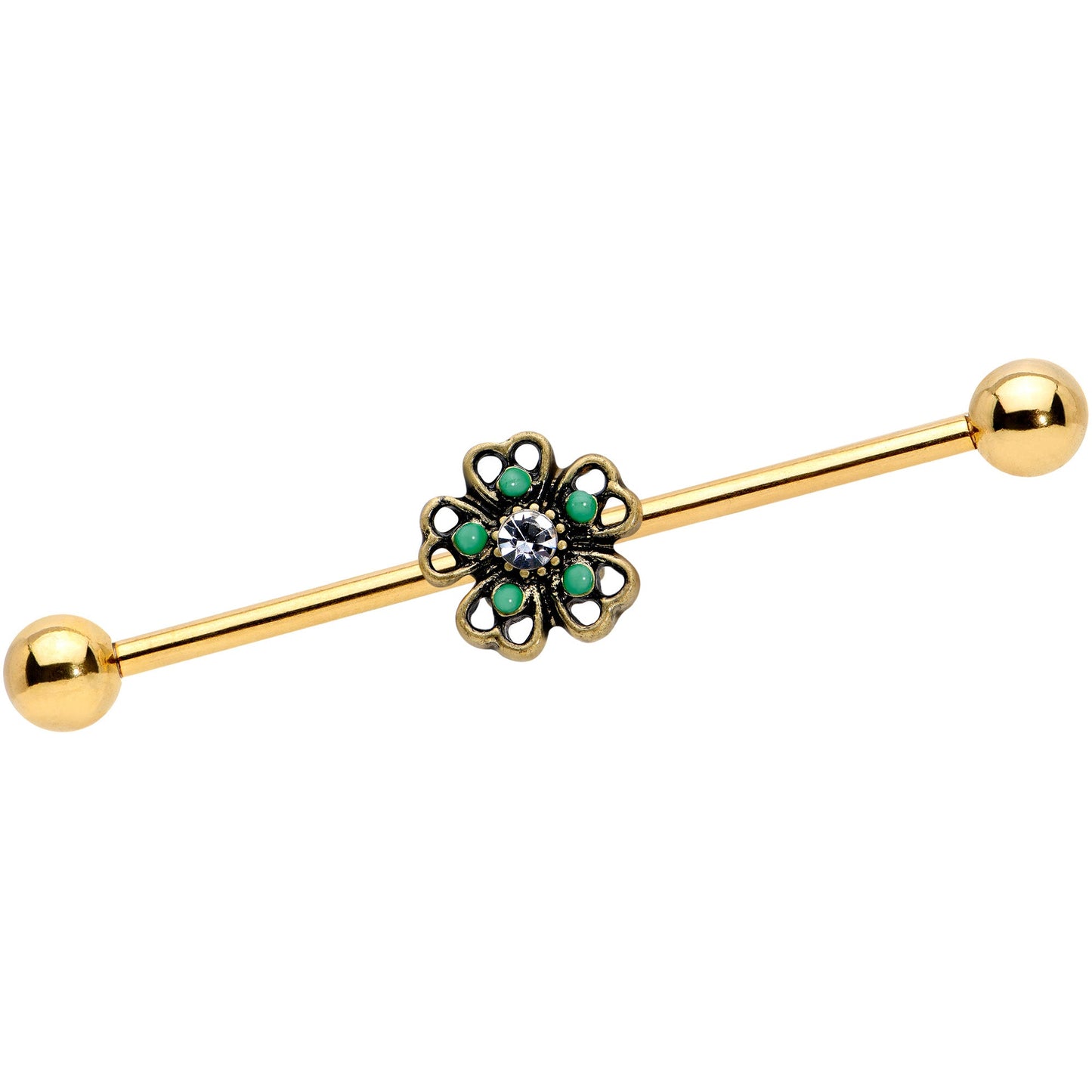 14G Gold Tone Green Flower St Patricks Industrial Barbell 38mm