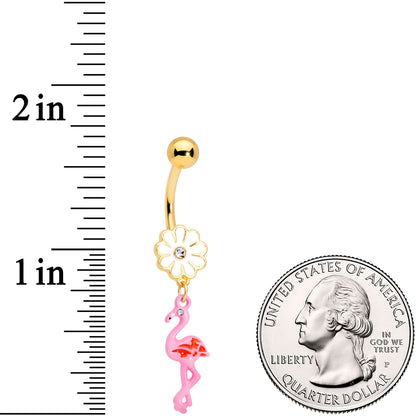 Clear Gem Gold Tone Flower Flamingo Dangle Belly Ring