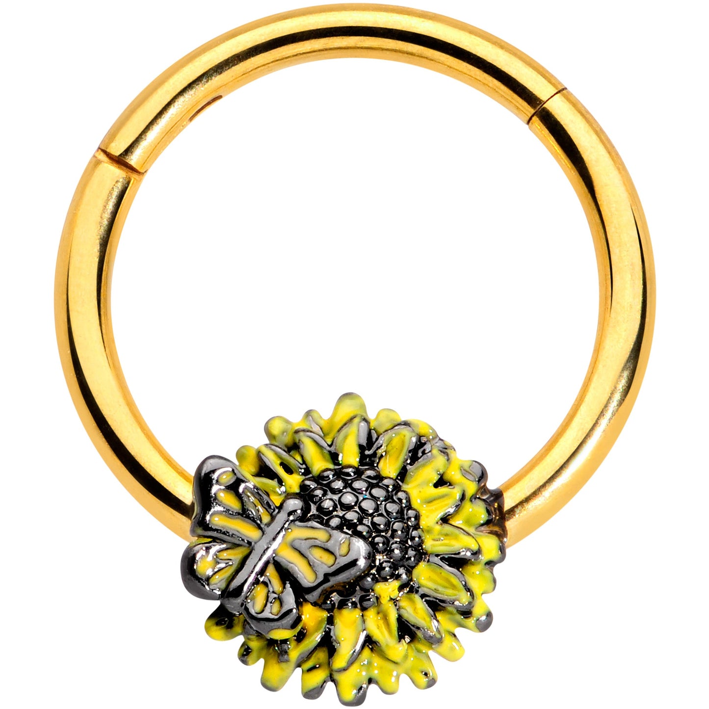 16G 3/8 Gold Tone Sunflower Butterfly Hinged Segment Ring