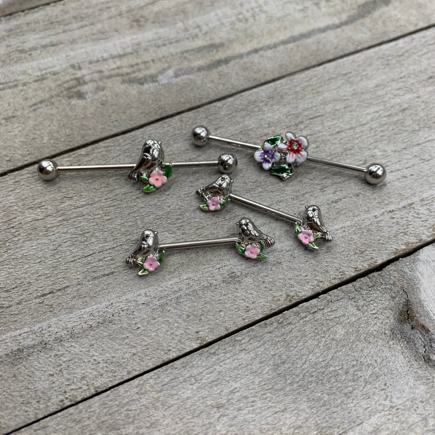 14G 9/16 Bird Pink Flower Barbell Nipple Ring Set