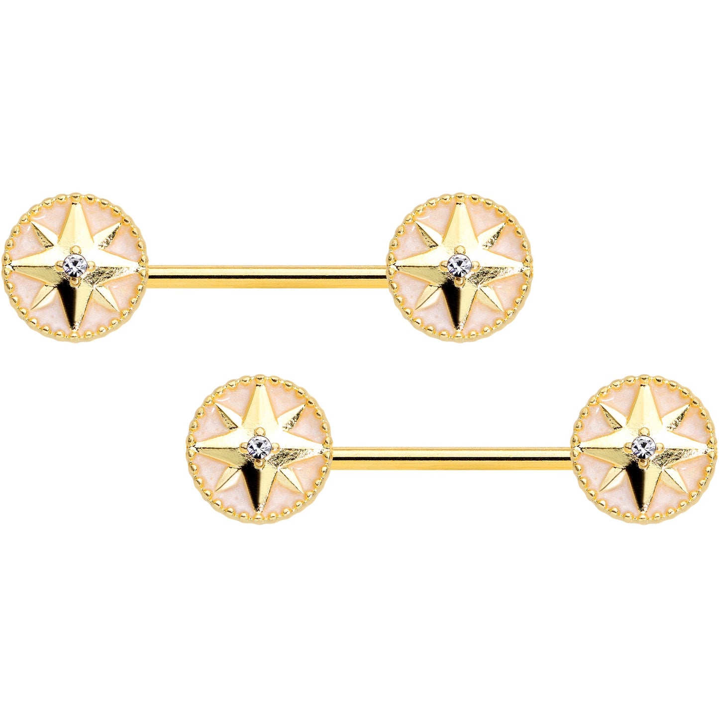 14G 5/8 Clear Gem Gold Tone Sailors Compass Barbell Nipple Ring Set