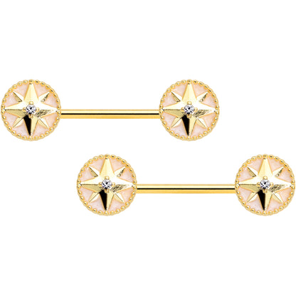 14G 5/8 Clear Gem Gold Tone Sailors Compass Barbell Nipple Ring Set
