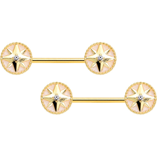 14G 5/8 Clear Gem Gold Tone Sailors Compass Barbell Nipple Ring Set