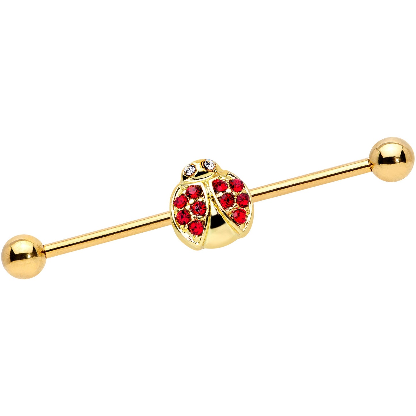 14G Red Gem Gold Tone Ladybug Industrial Barbell 38mm