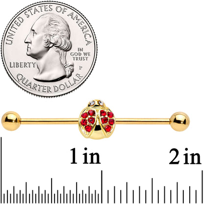 14G Red Gem Gold Tone Ladybug Industrial Barbell 38mm