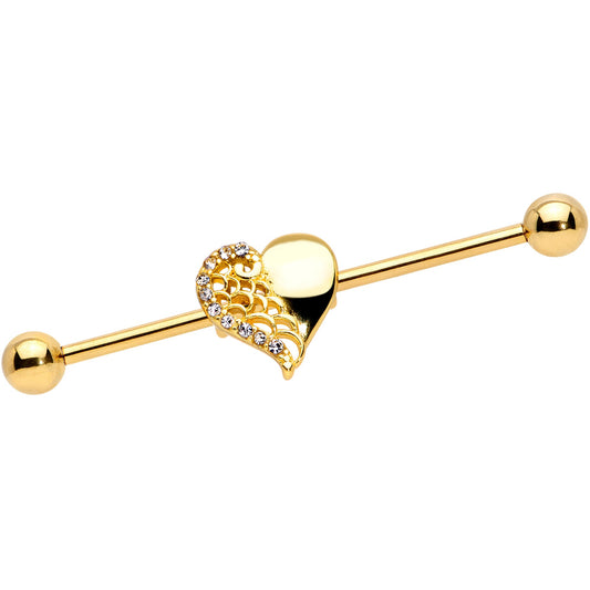 14G Clear Gem Gold Tone Angel Wing Heart Industrial Barbell 38mm
