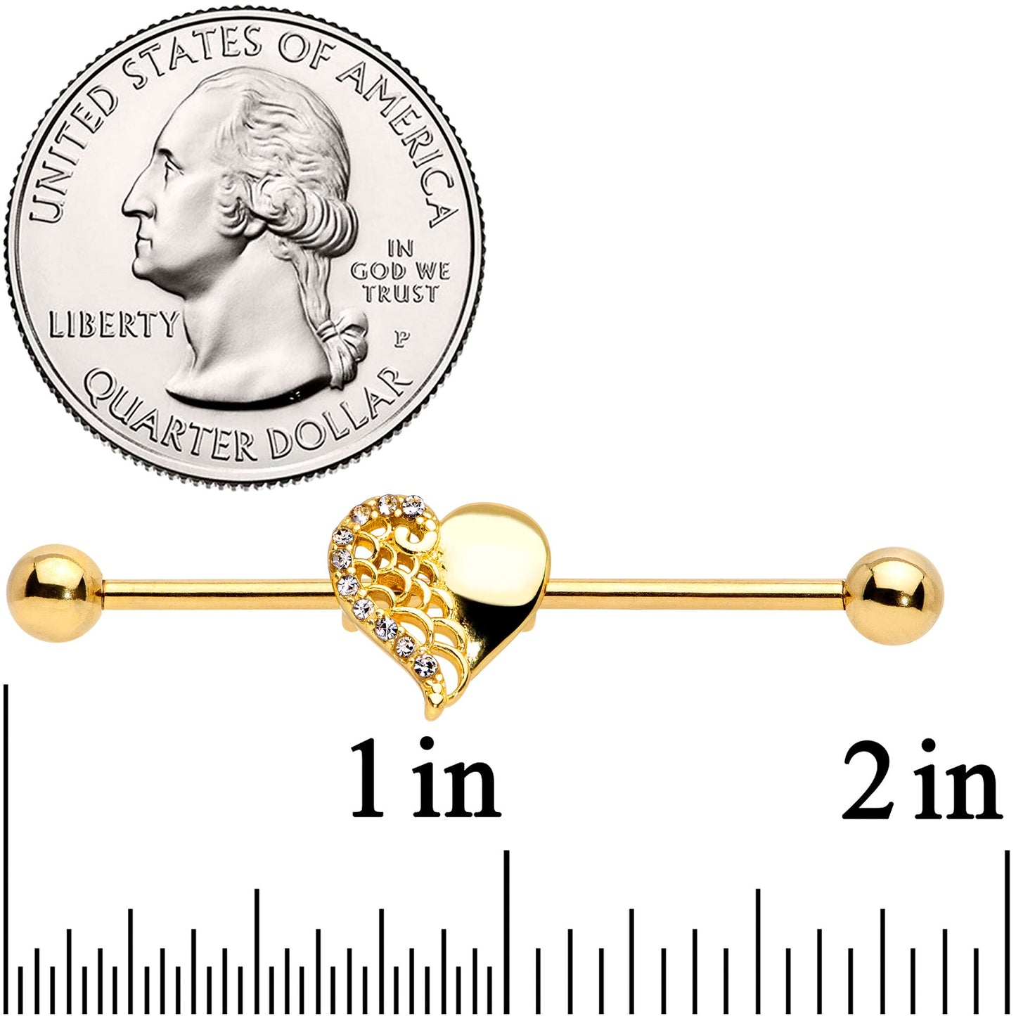 14G Clear Gem Gold Tone Angel Wing Heart Industrial Barbell 38mm