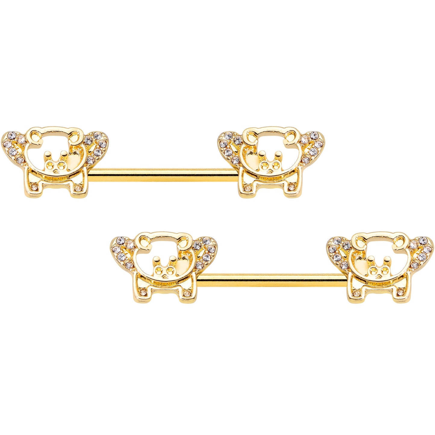 14G 9/16 Clear Gem Gold Tone Flying Pig Barbell Nipple Ring Set