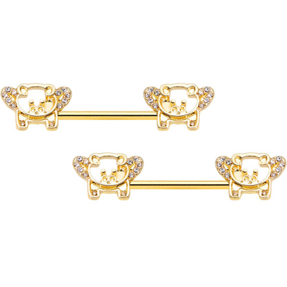 14G 9/16 Clear Gem Gold Tone Flying Pig Barbell Nipple Ring Set