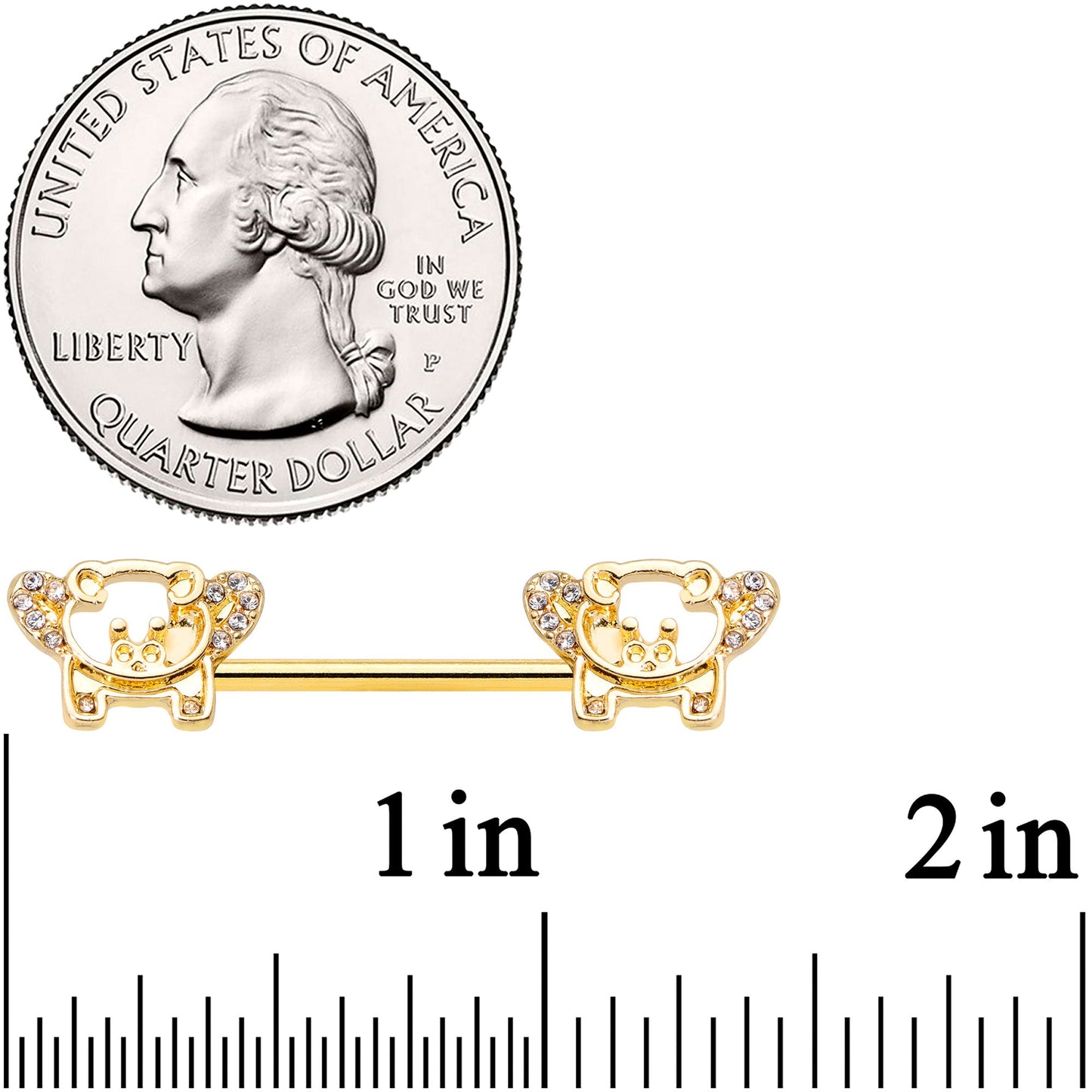 14G 9/16 Clear Gem Gold Tone Flying Pig Barbell Nipple Ring Set