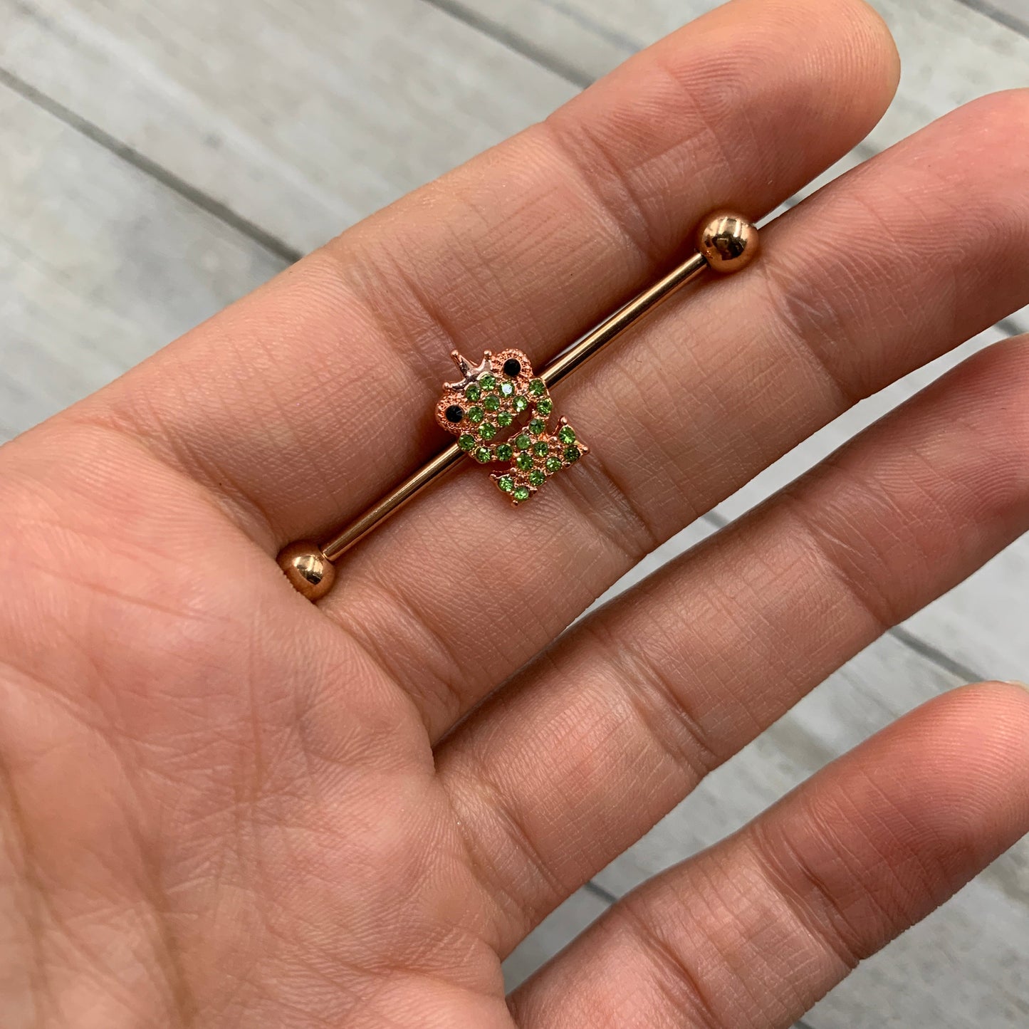 14G Green Gem Rose Gold Tone Royal Frog Industrial Barbell 38mm