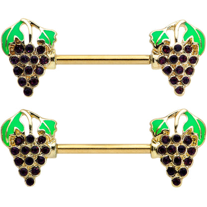 14G 9/16 Gold Tone Delicious Grapes Fruit Barbell Nipple Ring Set