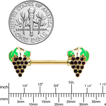 14G 9/16 Gold Tone Delicious Grapes Fruit Barbell Nipple Ring Set