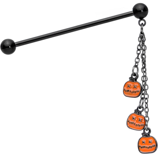 14G Black Halloween Pumpkin Chain Dangle Industrial Barbell 38mm