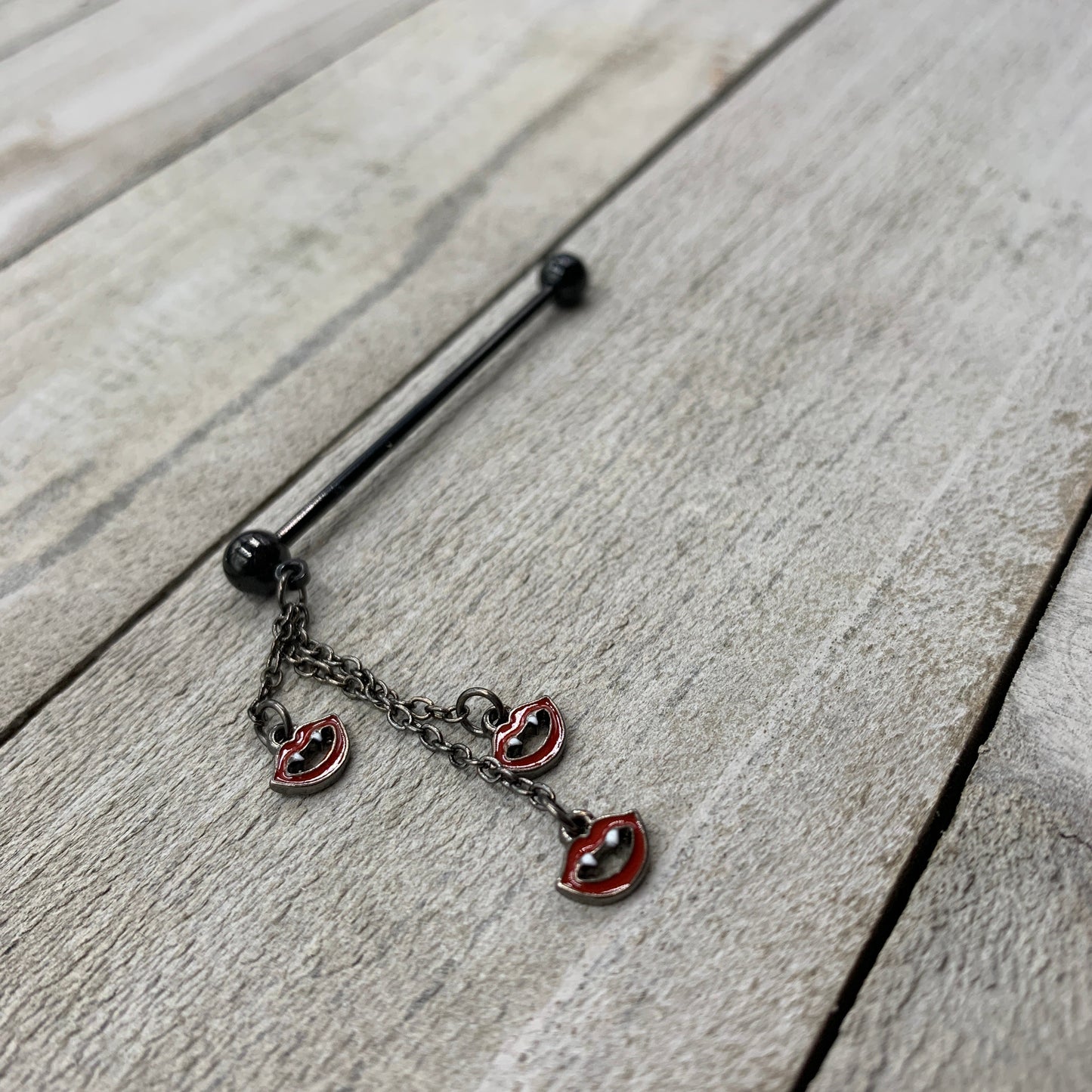 14G Black Vampire Fangs Halloween Dangle Industrial Barbell 38mm