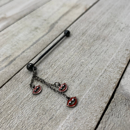 14G Black Vampire Fangs Halloween Dangle Industrial Barbell 38mm