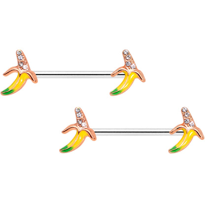 14G 9/16 Clear CZ Gem Rose Gold Tone Banana Barbell Nipple Set