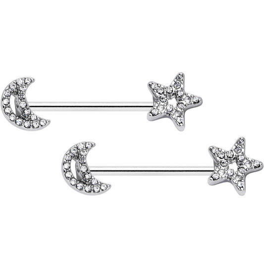 14G 5/8 Clear CZ Gem Moon Star Barbell Nipple Ring Set