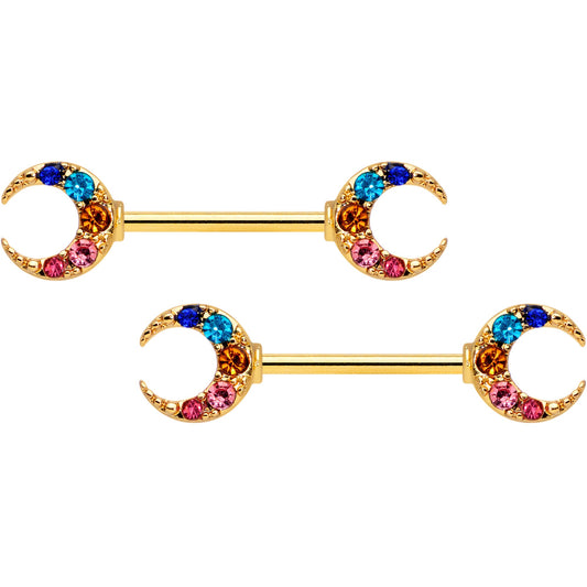 14G 9/16 Rainbow Gem Gold Tone Moon Barbell Nipple Ring Set