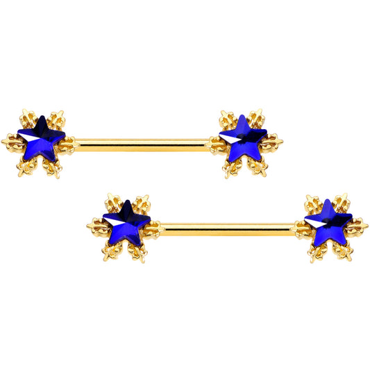 14G 9/16 Blue Gem Gold Tone Stars Barbell Nipple Ring Set