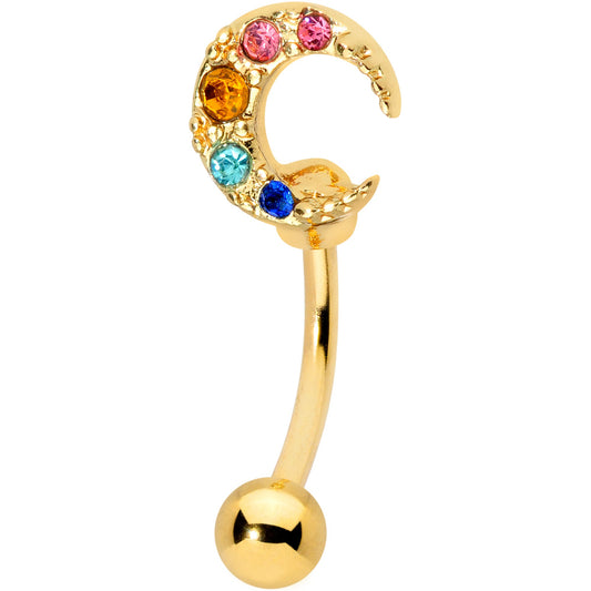 16G 5/16 Rainbow Gem Gold Tone Crescent Moon Curved Eyebrow Ring