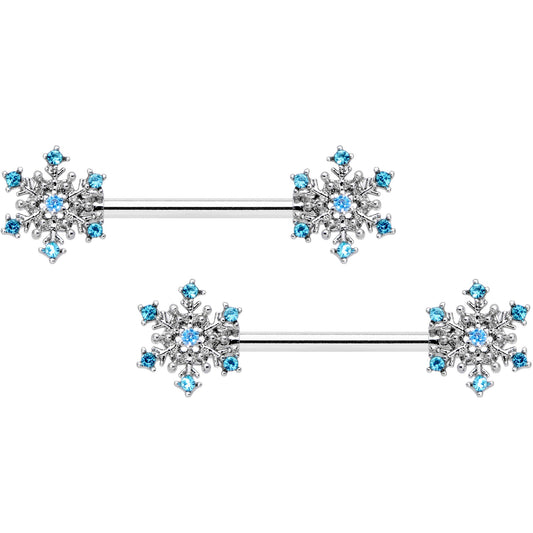 14G 9/16 Aqua Gem Snowflake Christmas Barbell Nipple Ring Set