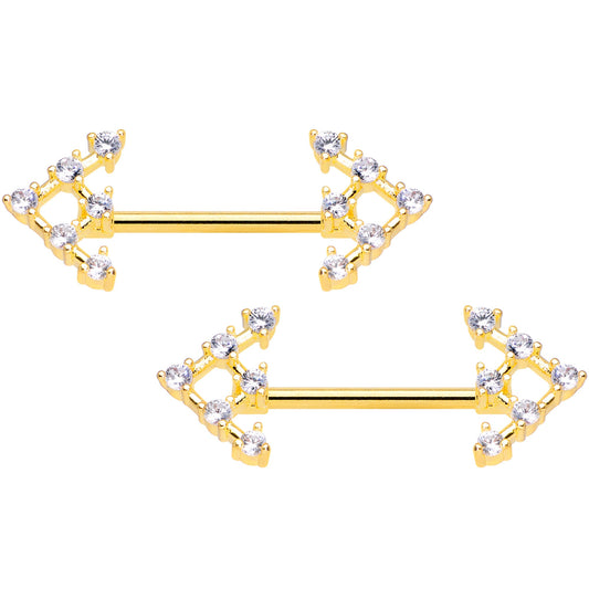 14G 9/16 Clear Gem Gold Tone Arrow Barbell Nipple Ring Set