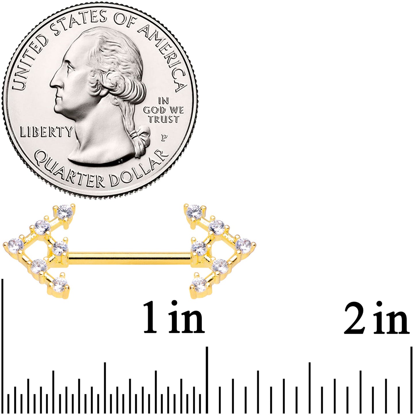 14G 9/16 Clear Gem Gold Tone Arrow Barbell Nipple Ring Set