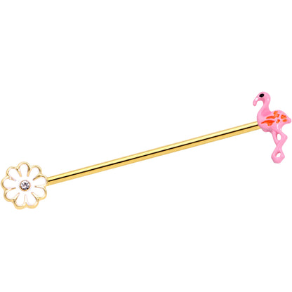 14G Clear Gem Gold Hue Flower Flamingo Industrial Barbell 38mm