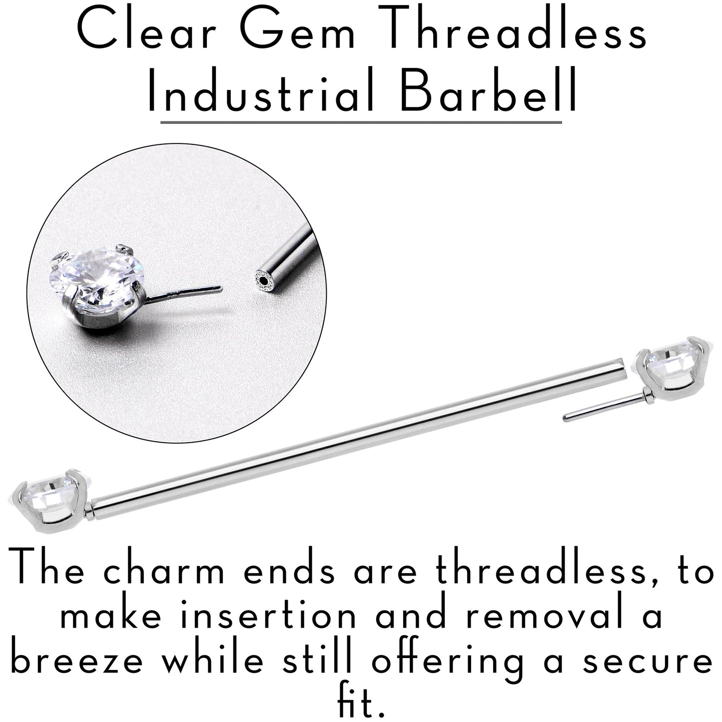 14G Clear CZ Gem Threadless Industrial Barbell 38mm