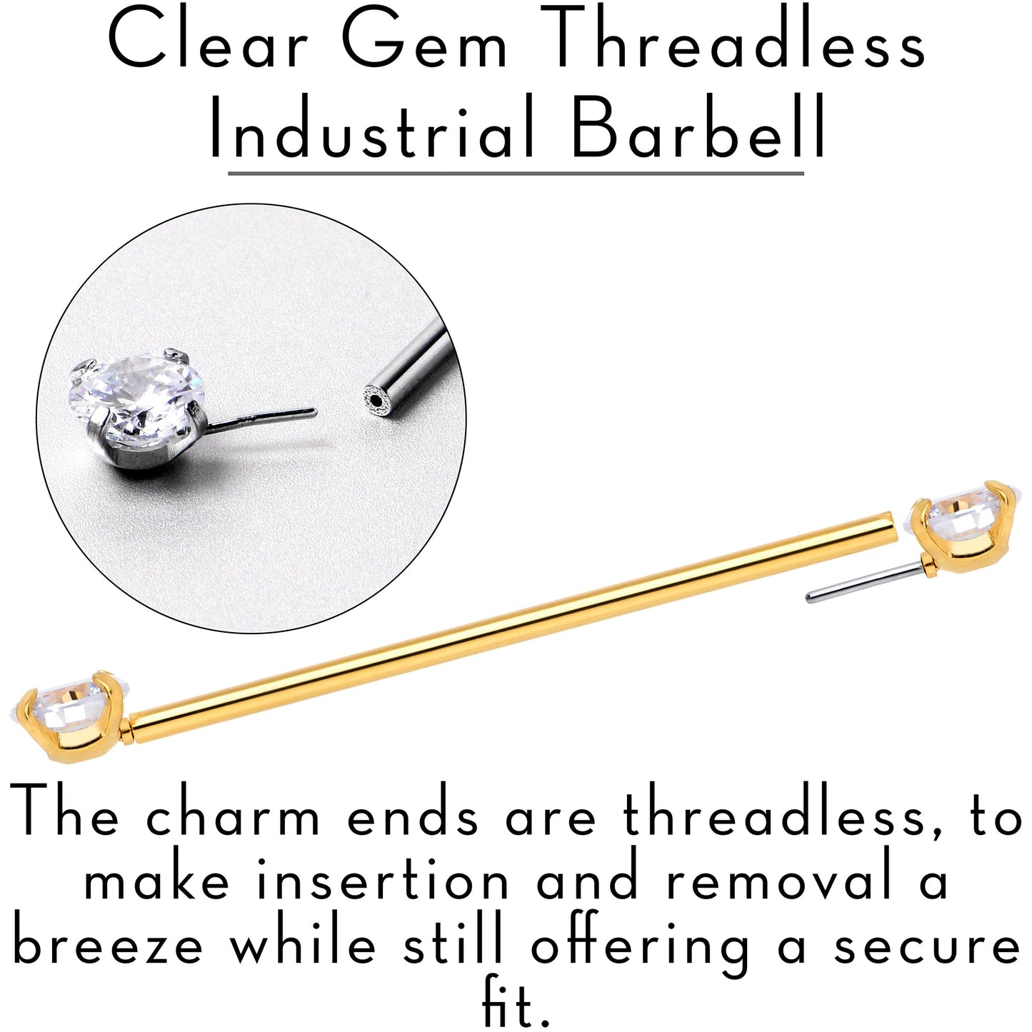 14G Clear CZ Gem Gold Tone Threadless Industrial Barbell 38mm