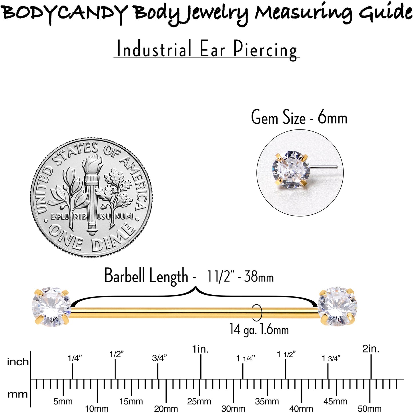 14G Clear CZ Gem Gold Tone Threadless Industrial Barbell 38mm