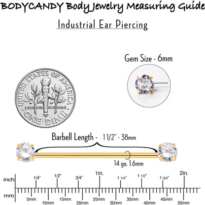 14G Clear CZ Gem Gold Tone Threadless Industrial Barbell 38mm