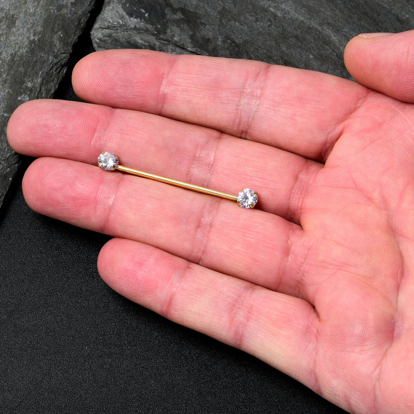 14G Clear CZ Gem Gold Tone Threadless Industrial Barbell 38mm