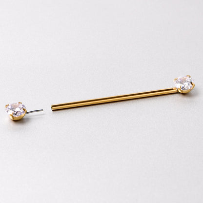 14G Clear CZ Gem Gold Tone Threadless Industrial Barbell 38mm
