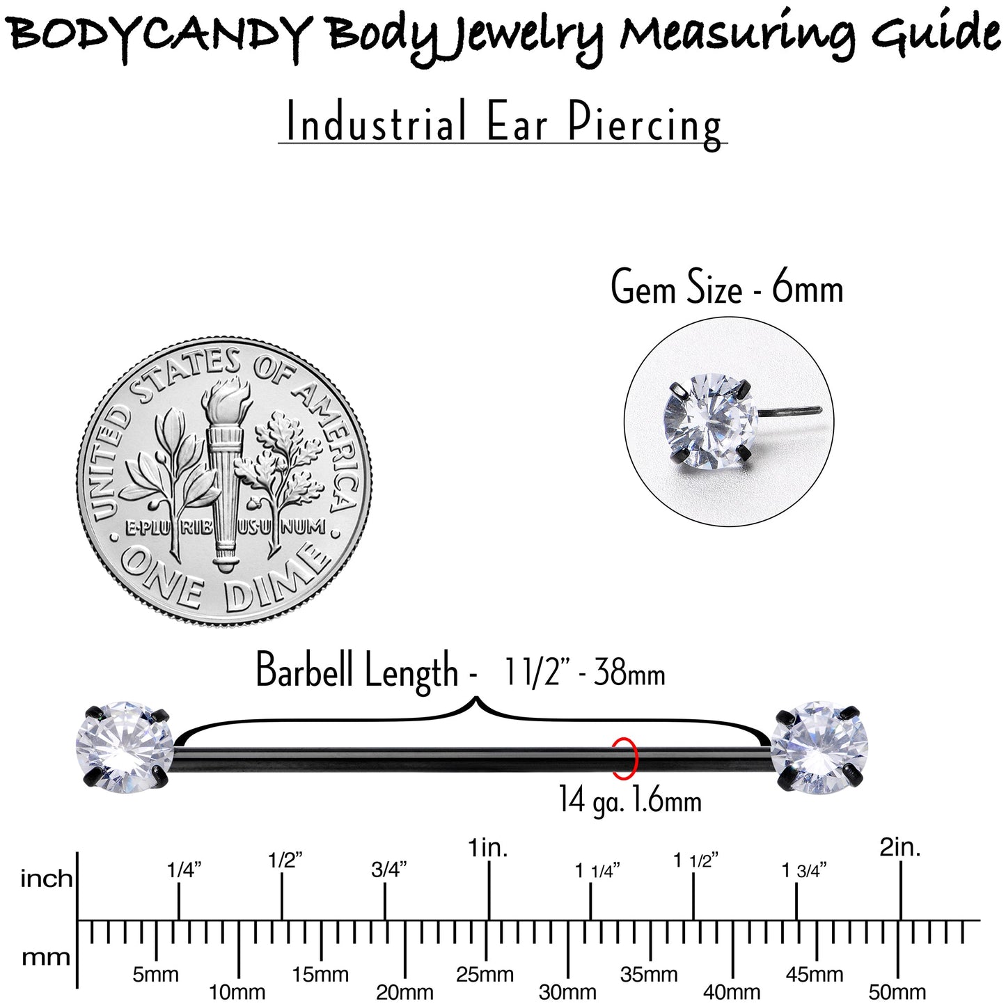 14G Clear CZ Gem Black Threadless Industrial Barbell 38mm