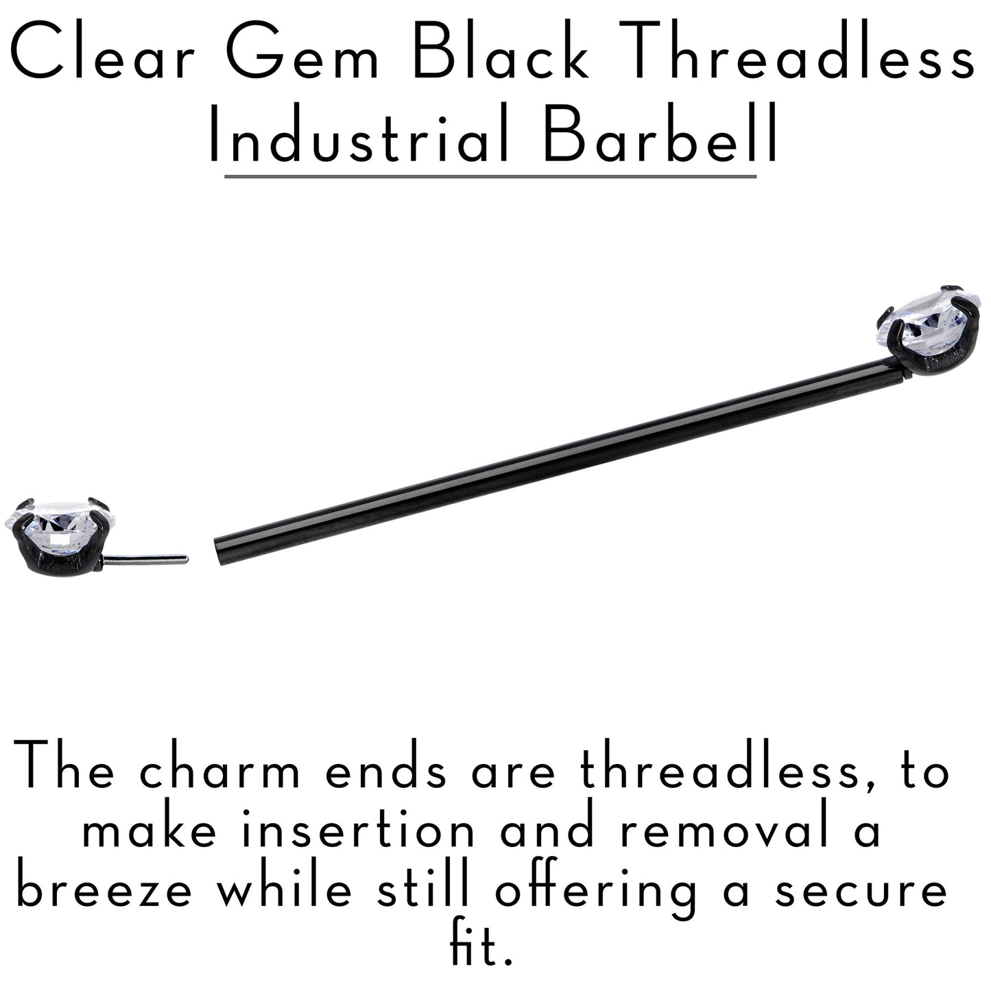 14G Clear CZ Gem Black Threadless Industrial Barbell 38mm