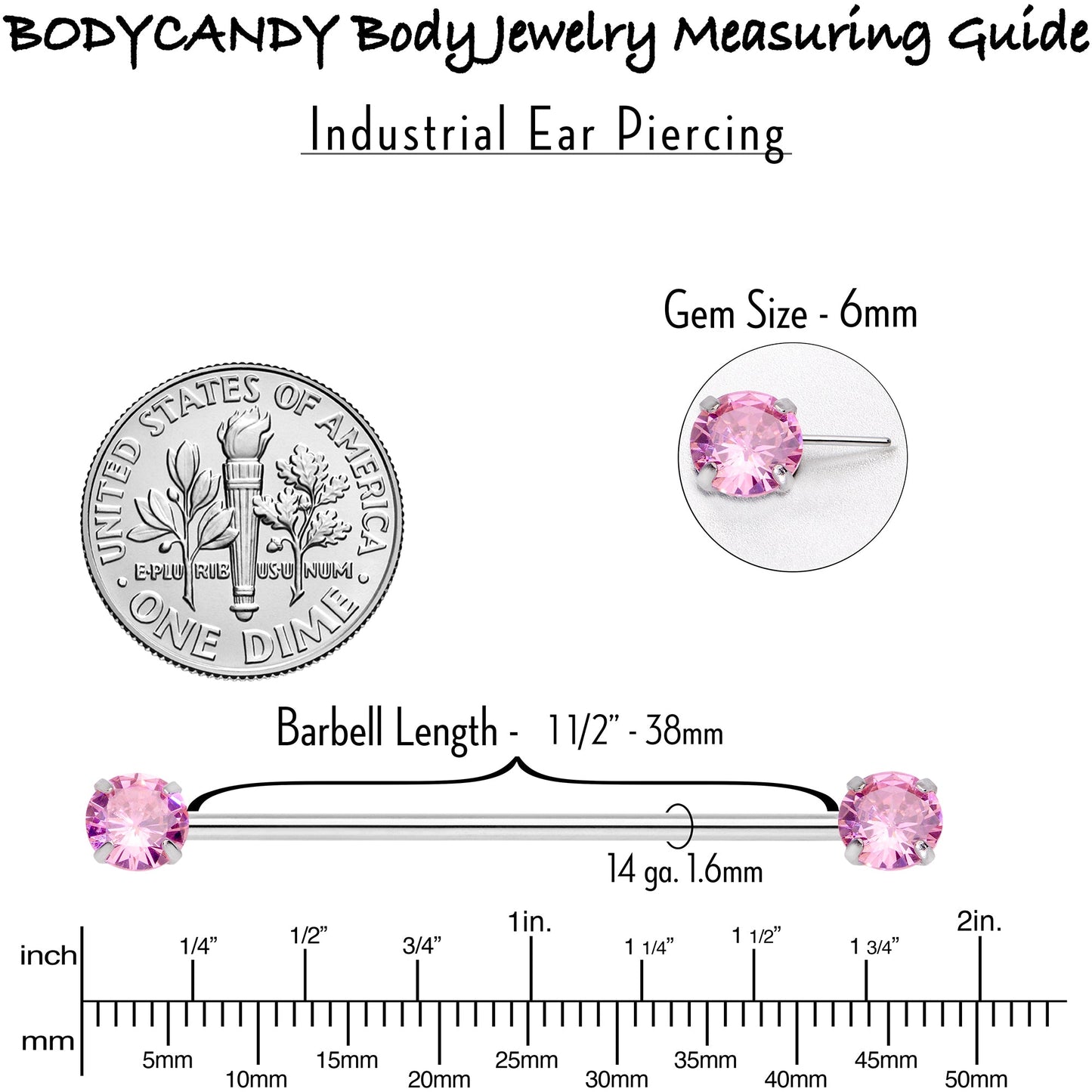 14G Pink CZ Gem Threadless Industrial Barbell 38mm