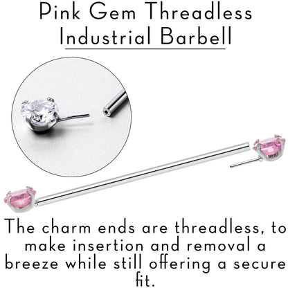 14G Pink CZ Gem Threadless Industrial Barbell 38mm