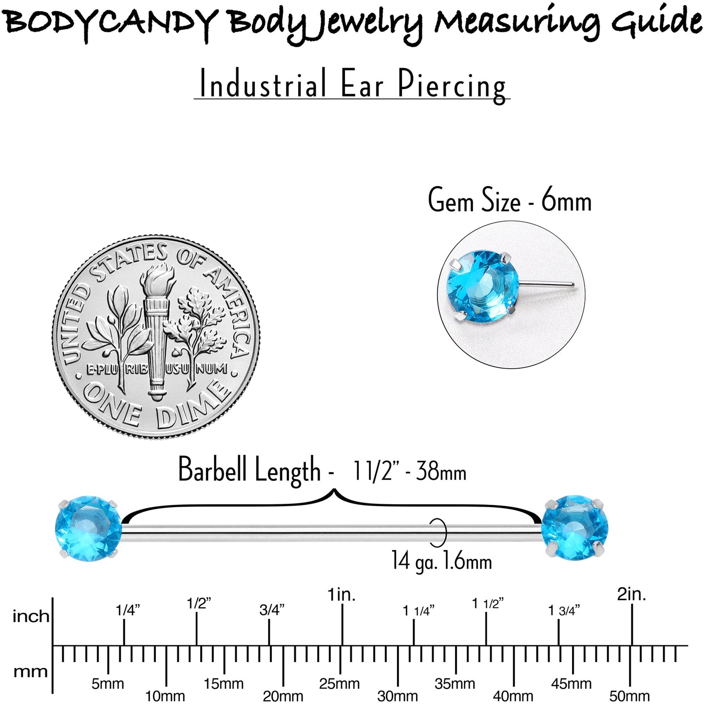 14G Aqua CZ Gem Threadless Industrial Barbell 38mm