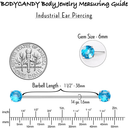 14G Aqua CZ Gem Threadless Industrial Barbell 38mm